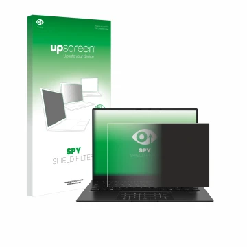 Front side of a product packaging with the brand logo upscreen. Next to it is the device ASUS ZenBook 14 OLED UM3406 shown wit