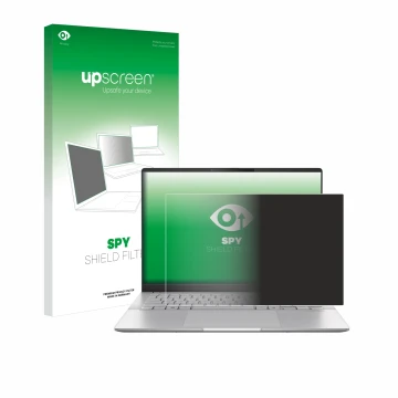 Front side of a product packaging with the brand logo upscreen. Next to it is the device ASUS Vivobook S 14 OLED M5406 shown w