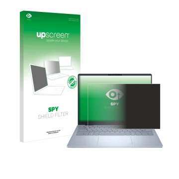 Front side of a product packaging with the brand logo upscreen. Next to it is the device Dell 14 Plus Laptop shown with the co