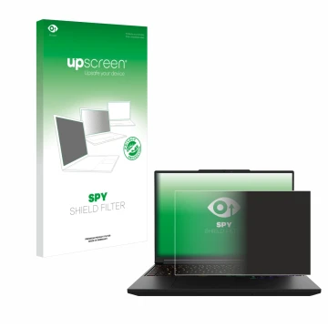 Front side of a product packaging with the brand logo upscreen. Next to it is the device XMG Pro 16 shown with the correspondi