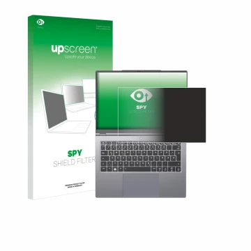 Front side of a product packaging with the brand logo upscreen. Next to it is the device Tuxedo InfinityBook Pro 14 Gen 10 sho