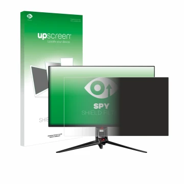 Front side of a product packaging with the brand logo upscreen. Next to it is the device ASUS ROG Swift PG32UCDM shown with th