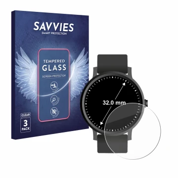 Front side of a product packaging with the brand logo Savvies. Next to it is the device Watches (Circular, ø: 32 mm) shown wit