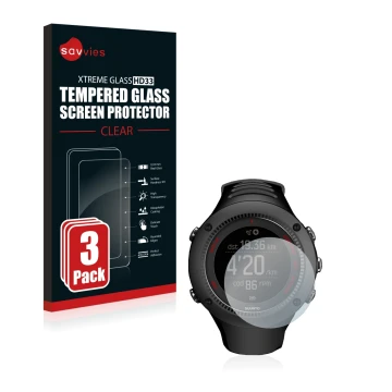 Front side of a product packaging with the brand logo Savvies. Next to it is the device Suunto Ambit3 Run Black shown with the