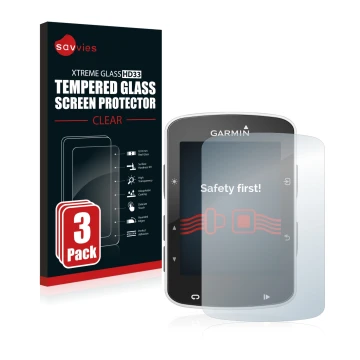 Front side of a product packaging with the brand logo Savvies. Next to it is the device Garmin Edge 520 shown with the corresp