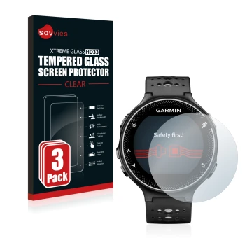 Front side of a product packaging with the brand logo Savvies. Next to it is the device Garmin Forerunner 230 shown with the c