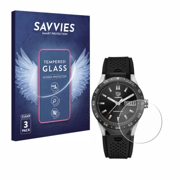 Front side of a product packaging with the brand logo Savvies. Next to it is the device TAG Heuer Connected 46 shown with the 