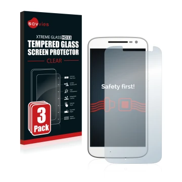 Front side of a product packaging with the brand logo Savvies. Next to it is the device Motorola Moto G4 shown with the corres