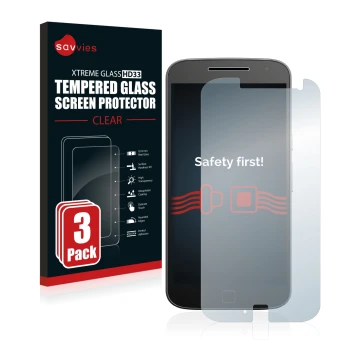 Front side of a product packaging with the brand logo Savvies. Next to it is the device Motorola Moto G4 Plus shown with the c