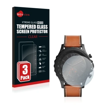 Front side of a product packaging with the brand logo Savvies. Next to it is the device Fossil Q Nate shown with the correspon