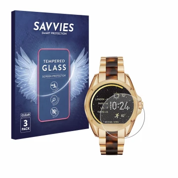 Front side of a product packaging with the brand logo Savvies. Next to it is the device Michael Kors Access Bradshaw shown wit