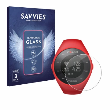 Front side of a product packaging with the brand logo Savvies. Next to it is the device Polar M200 shown with the correspondin