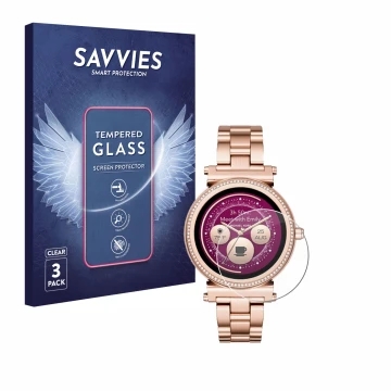 Front side of a product packaging with the brand logo Savvies. Next to it is the device Michael Kors Access Sofie shown with t
