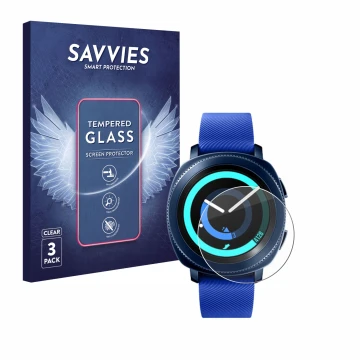 Front side of a product packaging with the brand logo Savvies. Next to it is the device Samsung Gear Sport shown with the corr
