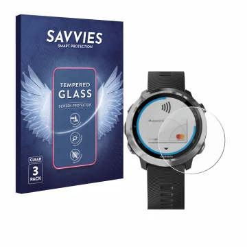 Front side of a product packaging with the brand logo Savvies. Next to it is the device Garmin Forerunner 645 shown with the c