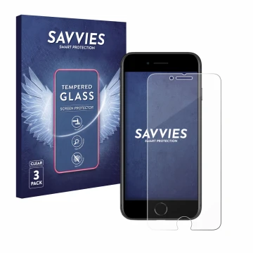 Front side of a product packaging with the brand logo Savvies. Next to it is the device Apple iPhone SE 2 2020 shown with the 
