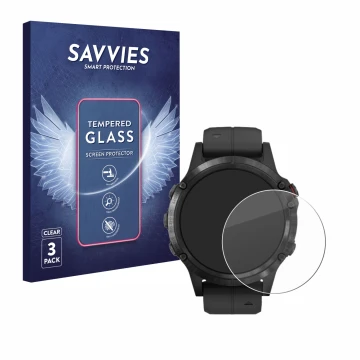 Front side of a product packaging with the brand logo Savvies. Next to it is the device Garmin Fenix 5 Plus (47 mm) shown with
