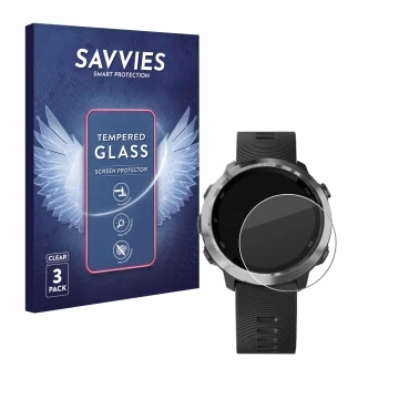 Front side of a product packaging with the brand logo Savvies. Next to it is the device Garmin Forerunner 645 Music shown with