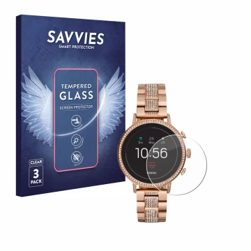 Front side of a product packaging with the brand logo Savvies. Next to it is the device Fossil Q Venture HR (4.Gen) shown with