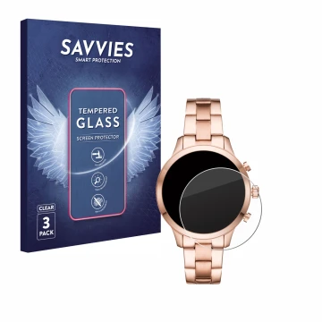 Front side of a product packaging with the brand logo Savvies. Next to it is the device Michael Kors Access Runway (41 mm) sho