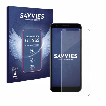 Front side of a product packaging with the brand logo Savvies. Next to it is the device Google Pixel 3a shown with the corresp