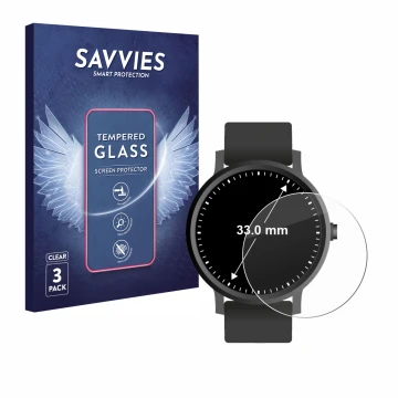 Front side of a product packaging with the brand logo Savvies. Next to it is the device Circular Displays (ø: 33 mm) shown wit