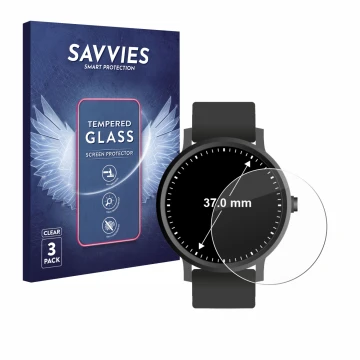 Front side of a product packaging with the brand logo Savvies. Next to it is the device Circular Displays (ø: 37 mm) shown wit
