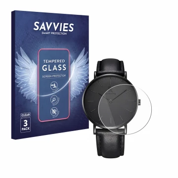 Front side of a product packaging with the brand logo Savvies. Next to it is the device Alienwork IK Watch (36 mm) shown with 