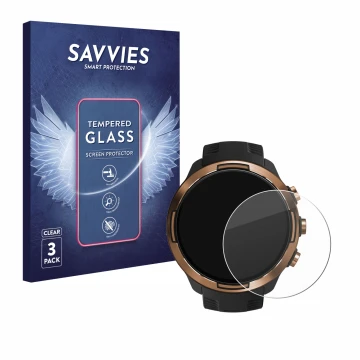 Front side of a product packaging with the brand logo Savvies. Next to it is the device Suunto 9 Baro shown with the correspon