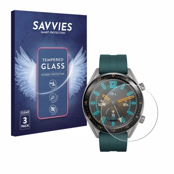 Front side of a product packaging with the brand logo Savvies. Next to it is the device Huawei Watch GT Active shown with the 