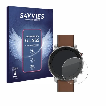 Front side of a product packaging with the brand logo Savvies. Next to it is the device Huami Amazfit GTR (47 mm) shown with t