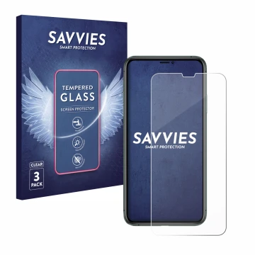 Front side of a product packaging with the brand logo Savvies. Next to it is the device Apple iPhone 11 Pro Max shown with the