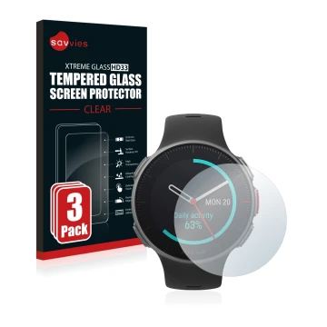 Front side of a product packaging with the brand logo Savvies. Next to it is the device Polar Vantage V Titan shown with the c