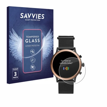Front side of a product packaging with the brand logo Savvies. Next to it is the device Fossil Julianna HR (5.Gen) shown with 