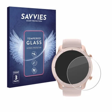 Front side of a product packaging with the brand logo Savvies. Next to it is the device Huami Amazfit GTR (42 mm) shown with t