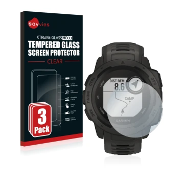 Front side of a product packaging with the brand logo Savvies. Next to it is the device Garmin Instinct Tactical Edition shown