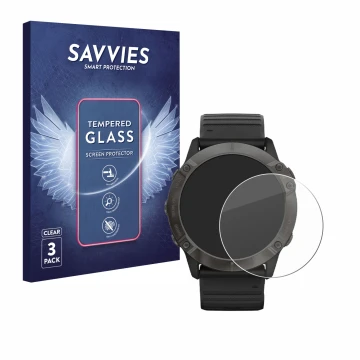 Front side of a product packaging with the brand logo Savvies. Next to it is the device Garmin Fenix 6X Pro shown with the cor