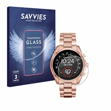 Front side of a product packaging with the brand logo Savvies. Next to it is the device Michael Kors Access Bradshaw 2 shown w