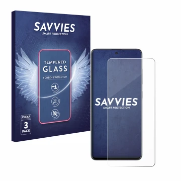 Front side of a product packaging with the brand logo Savvies. Next to it is the device Samsung Galaxy A51 shown with the corr