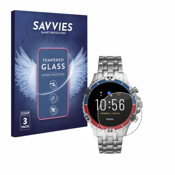 Front side of a product packaging with the brand logo Savvies. Next to it is the device Fossil Garrett HR (5. Gen) shown with 
