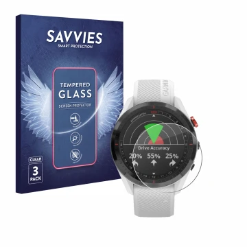 Front side of a product packaging with the brand logo Savvies. Next to it is the device Garmin Approach S62 shown with the cor