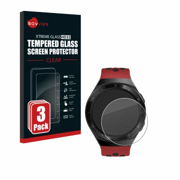 Front side of a product packaging with the brand logo Savvies. Next to it is the device Huawei Watch GT 2e shown with the corr