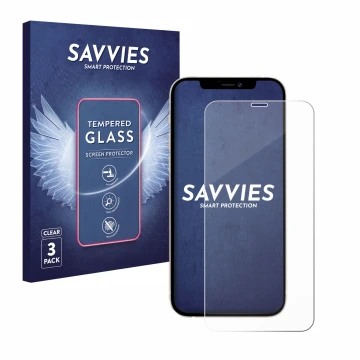 Front side of a product packaging with the brand logo Savvies. Next to it is the device Apple iPhone 12 Pro shown with the cor
