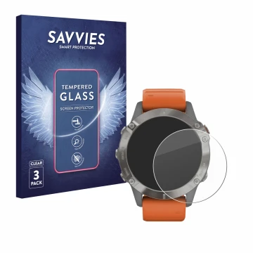 Front side of a product packaging with the brand logo Savvies. Next to it is the device Garmin Fenix 6 Pro Solar shown with th