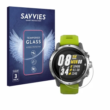 Front side of a product packaging with the brand logo Savvies. Next to it is the device Coros Apex Pro shown with the correspo