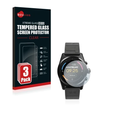 Front side of a product packaging with the brand logo Savvies. Next to it is the device Montblanc Summit Lite shown with the c