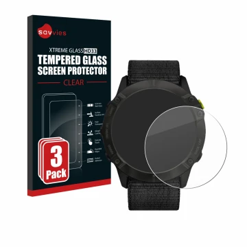 Front side of a product packaging with the brand logo Savvies. Next to it is the device Garmin Enduro shown with the correspon