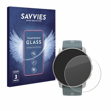Front side of a product packaging with the brand logo Savvies. Next to it is the device Suunto 9 Peak shown with the correspon