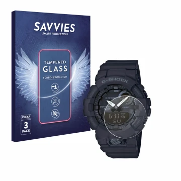 Front side of a product packaging with the brand logo Savvies. Next to it is the device Casio G-Shock GBA800 shown with the co
