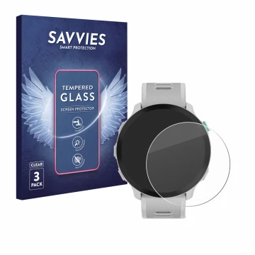 Front side of a product packaging with the brand logo Savvies. Next to it is the device Garmin Forerunner 55 shown with the co
